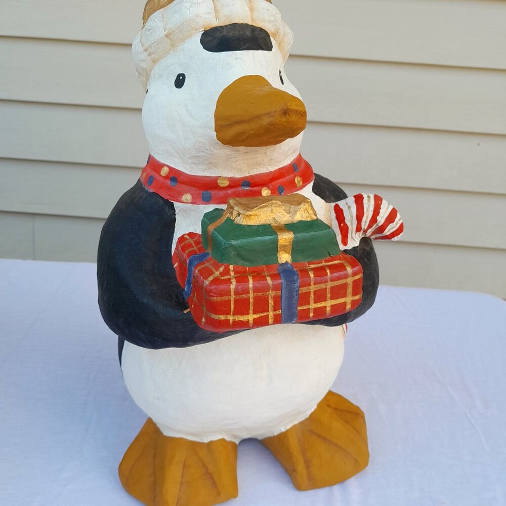Paper Mache Christmas Penguin Holiday Decor 15.5" Papier Mache Large